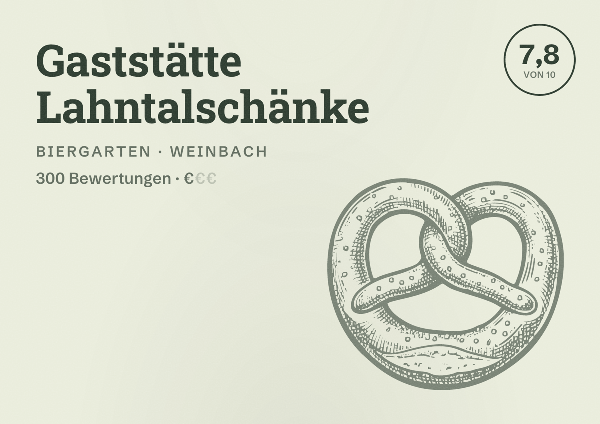 Illustriertes Poster von Gaststätte Lahntalschänke, Biergarten in Weinbach: Bewertung 7,8 von 10 aus 300 Bewertungen, Preisniveau €