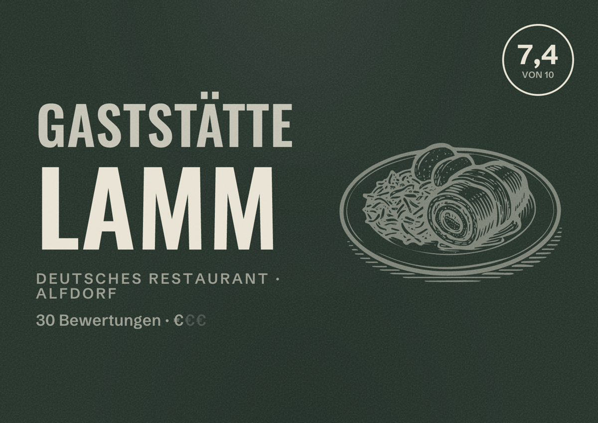 Illustriertes Poster von Gaststätte Lamm, Deutsches Restaurant in Alfdorf: Bewertung 7,4 von 10 aus 30 Bewertungen, Preisniveau €