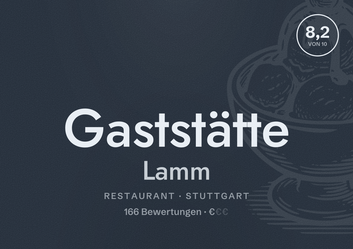 Illustriertes Poster von Gaststätte Lamm, Restaurant in Stuttgart: Bewertung 8,2 von 10 aus 166 Bewertungen, Preisniveau €