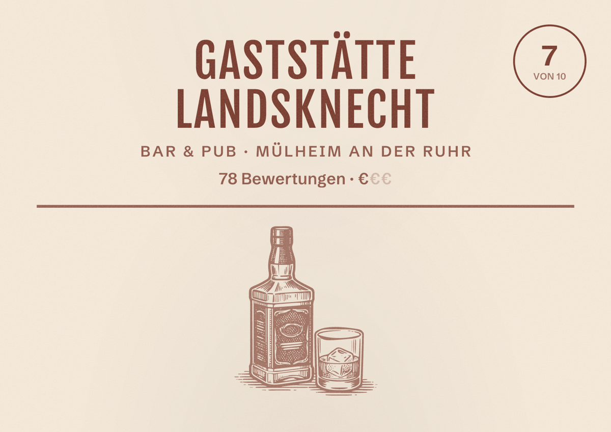 Illustriertes Poster von Gaststätte Landsknecht, Bar & Pub in Mülheim an der Ruhr: Bewertung 7 von 10 aus 78 Bewertungen, Preisniveau €
