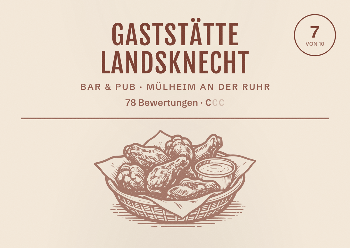 Illustriertes Poster von Gaststätte Landsknecht, Bar & Pub in Mülheim an der Ruhr: Bewertung 7 von 10 aus 78 Bewertungen, Preisniveau €