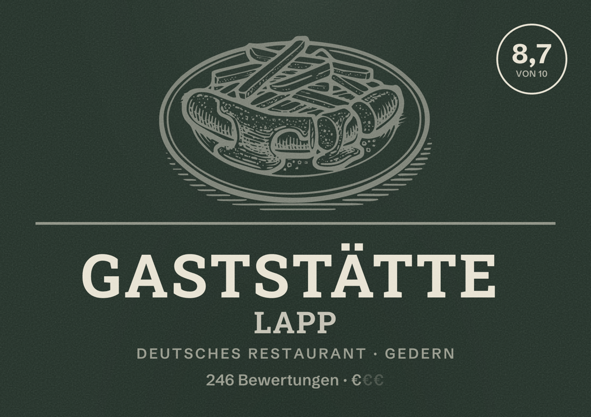 Illustriertes Poster von Gaststätte Lapp, Deutsches Restaurant in Gedern: Bewertung 8,7 von 10 aus 246 Bewertungen, Preisniveau €