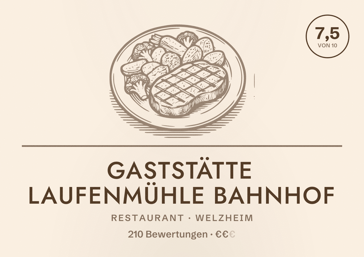 Illustriertes Poster von Gaststätte Laufenmühle Bahnhof, Restaurant in Welzheim: Bewertung 7,5 von 10 aus 210 Bewertungen, Preisniveau €€