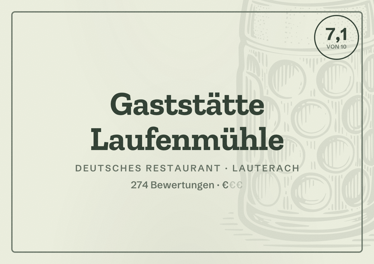 Illustriertes Poster von Gaststätte Laufenmühle, Deutsches Restaurant in Lauterach: Bewertung 7,1 von 10 aus 274 Bewertungen, Preisniveau €