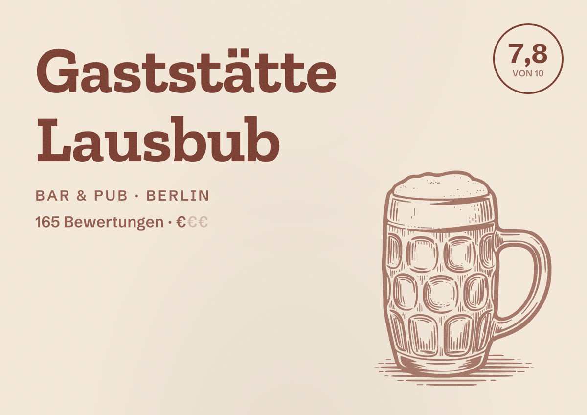 Illustriertes Poster von Gaststätte Lausbub, Bar & Pub in Berlin: Bewertung 7,8 von 10 aus 165 Bewertungen, Preisniveau €