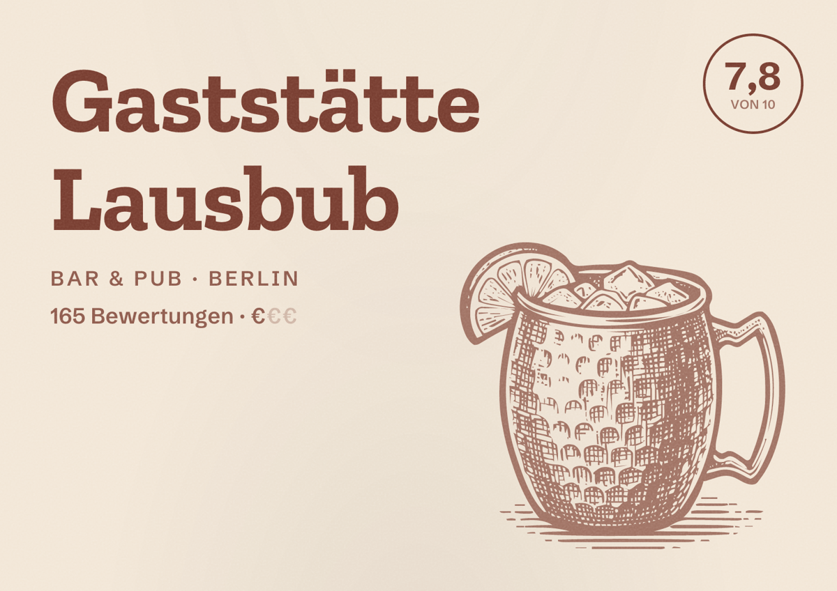 Illustriertes Poster von Gaststätte Lausbub, Bar & Pub in Berlin: Bewertung 7,8 von 10 aus 165 Bewertungen, Preisniveau €