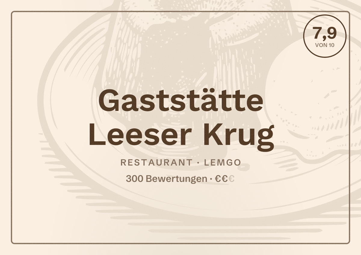 Illustriertes Poster von Gaststätte Leeser Krug, Restaurant in Lemgo: Bewertung 7,9 von 10 aus 300 Bewertungen, Preisniveau €€
