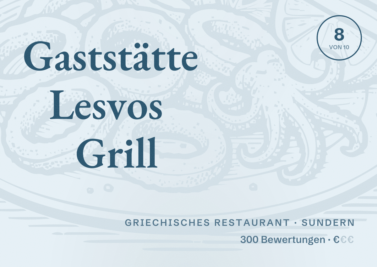 Illustriertes Poster von Gaststätte Lesvos Grill, Griechisches Restaurant in Sundern: Bewertung 8 von 10 aus 300 Bewertungen, Preisniveau €