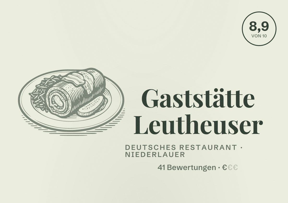 Illustriertes Poster von Gaststätte Leutheuser, Deutsches Restaurant in Niederlauer: Bewertung 8,9 von 10 aus 41 Bewertungen, Preisniveau €