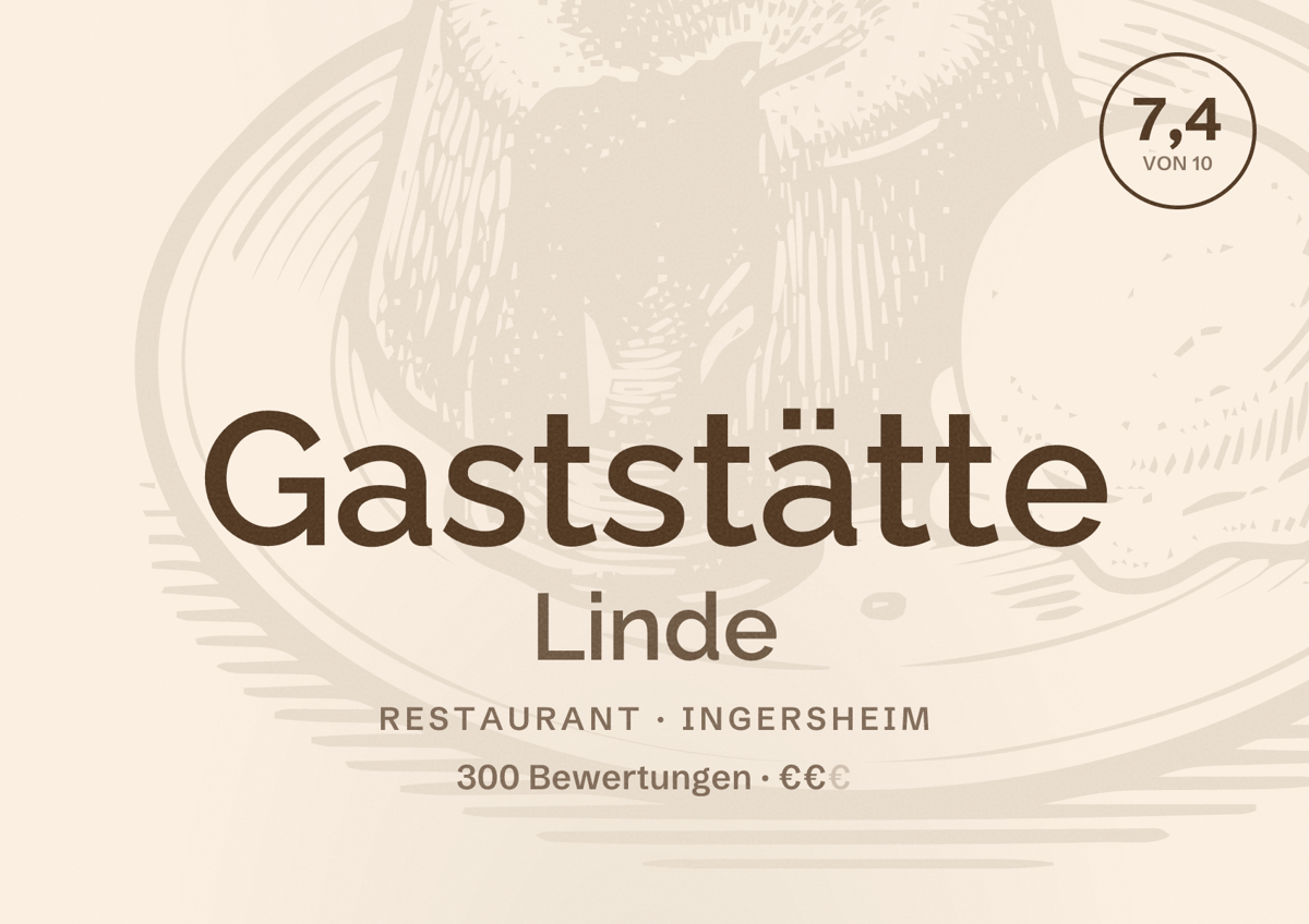 Illustriertes Poster von Gaststätte Linde, Restaurant in Ingersheim: Bewertung 7,4 von 10 aus 300 Bewertungen, Preisniveau €€