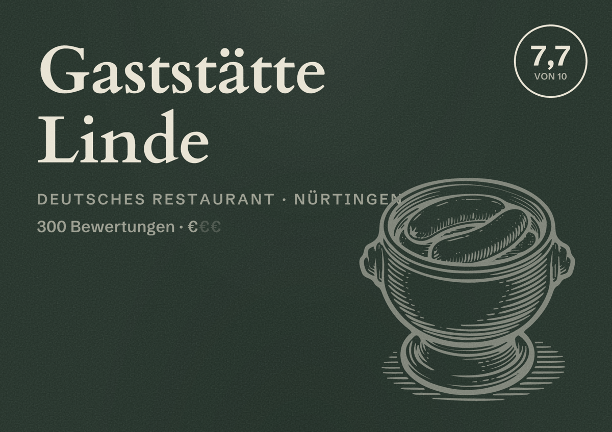 Illustriertes Poster von Gaststätte Linde, Deutsches Restaurant in Nürtingen: Bewertung 7,7 von 10 aus 300 Bewertungen, Preisniveau €