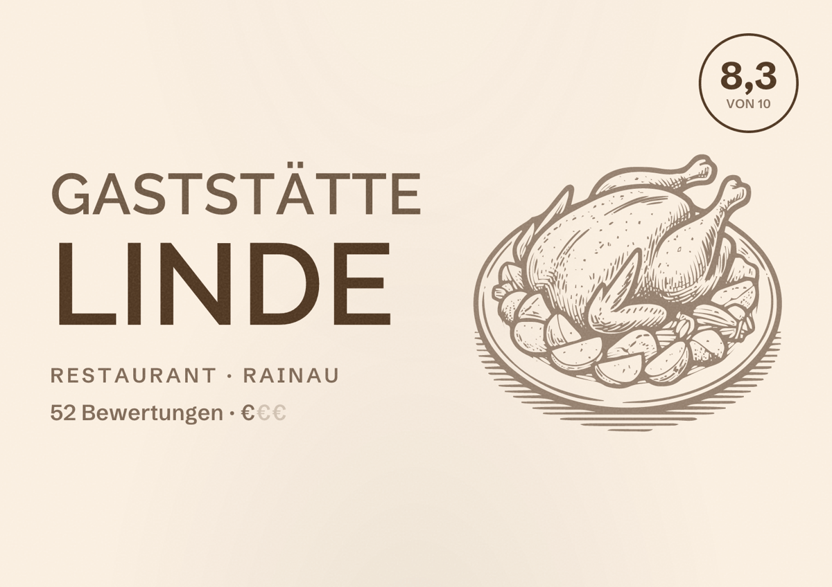Illustriertes Poster von Gaststätte Linde, Restaurant in Rainau: Bewertung 8,3 von 10 aus 52 Bewertungen, Preisniveau €