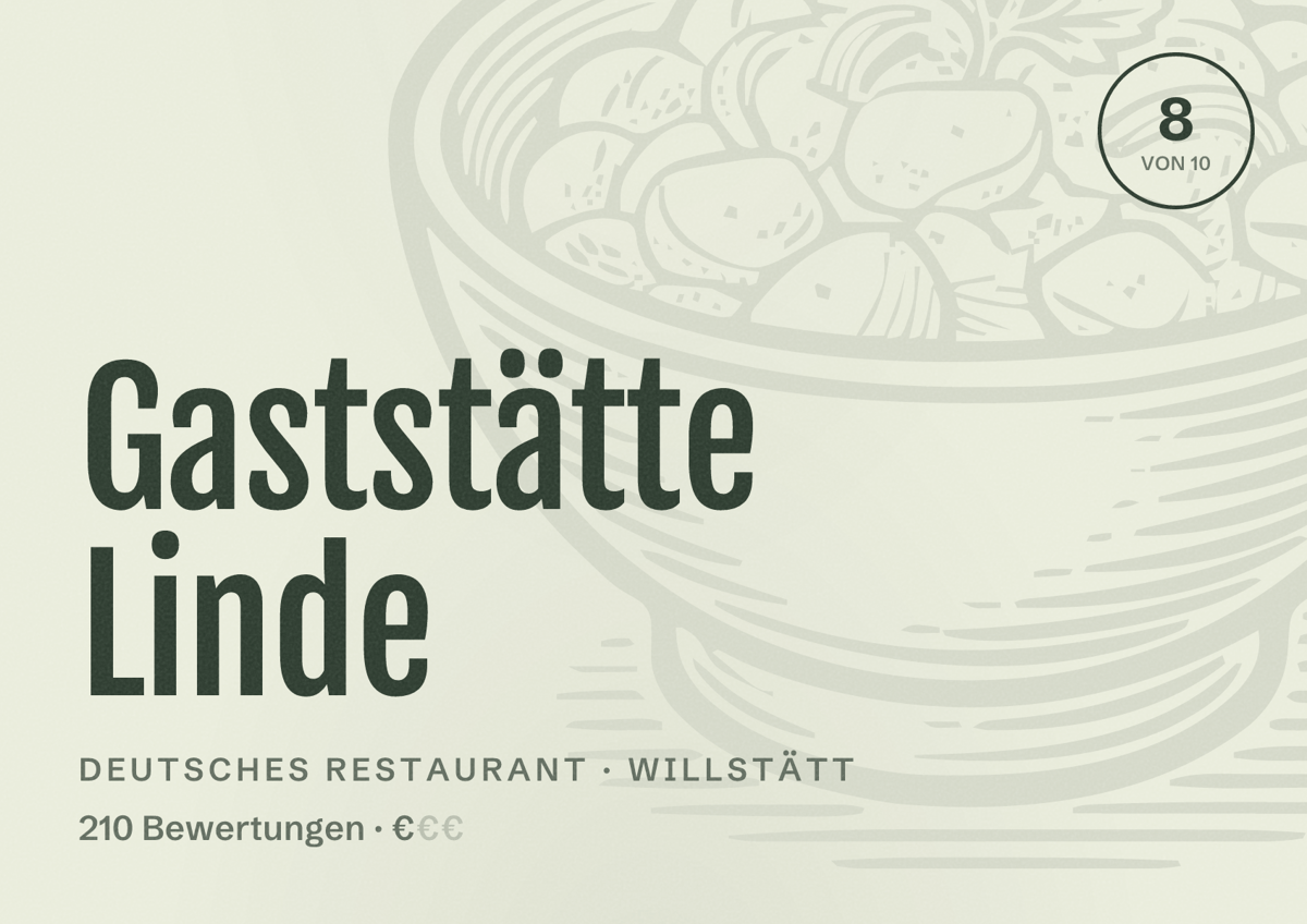 Illustriertes Poster von Gaststätte Linde, Deutsches Restaurant in Willstätt: Bewertung 8 von 10 aus 210 Bewertungen, Preisniveau €