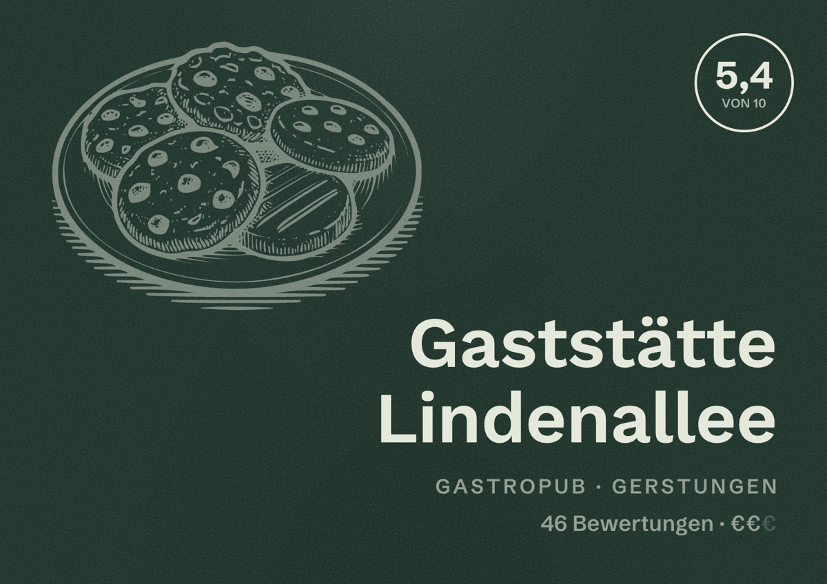 Illustriertes Poster von Gaststätte Lindenallee, Gastropub in Gerstungen: Bewertung 5,4 von 10 aus 46 Bewertungen, Preisniveau €€