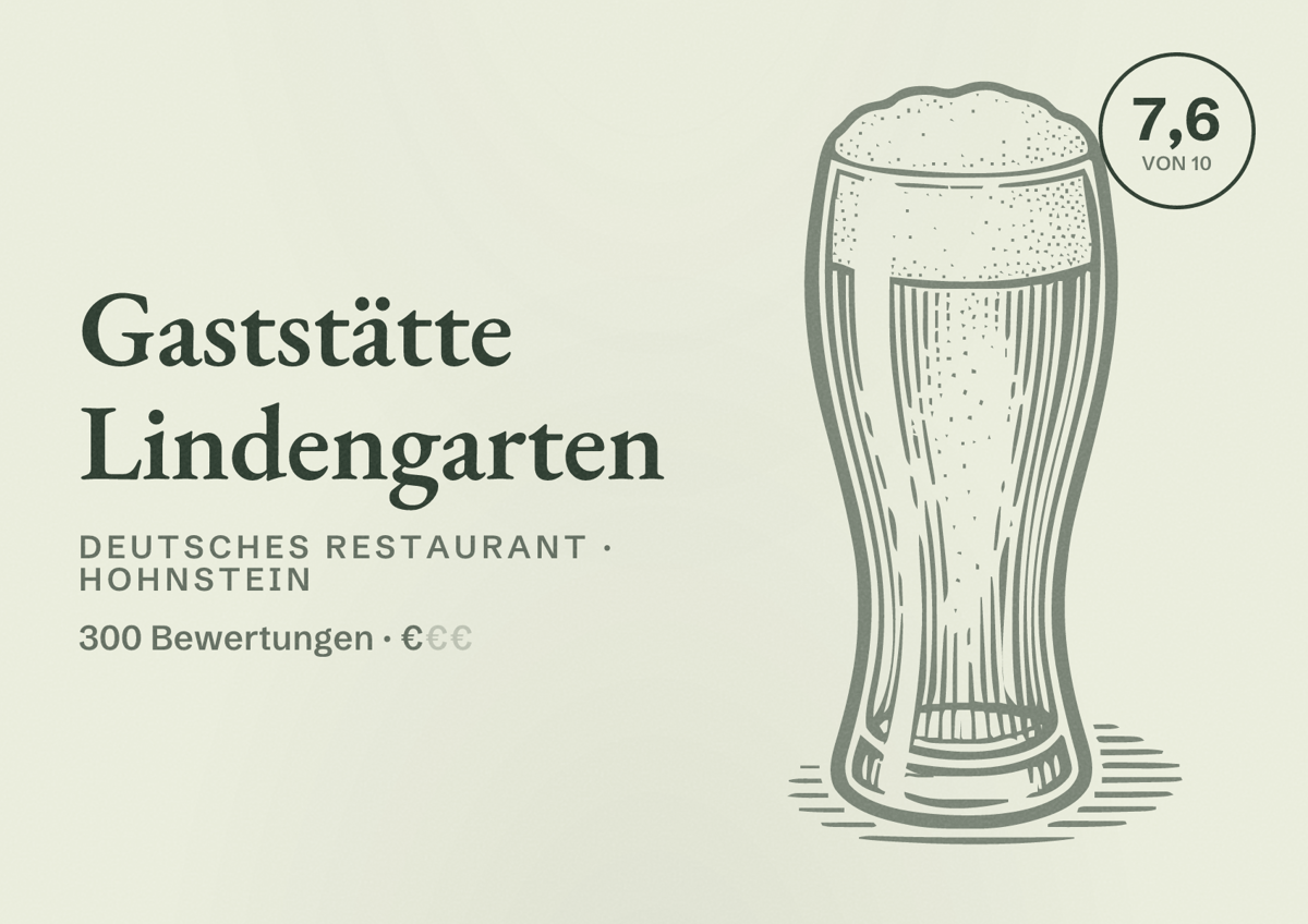 Illustriertes Poster von Gaststätte Lindengarten, Deutsches Restaurant in Hohnstein: Bewertung 7,6 von 10 aus 300 Bewertungen, Preisniveau €
