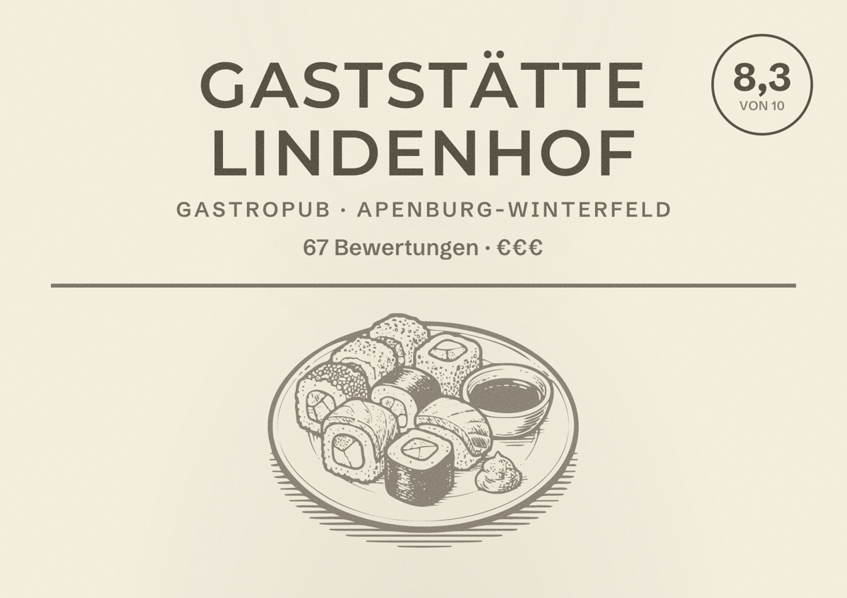 Illustriertes Poster von Gaststätte Lindenhof, Gastropub in Apenburg-Winterfeld: Bewertung 8,3 von 10 aus 67 Bewertungen, Preisniveau €€€