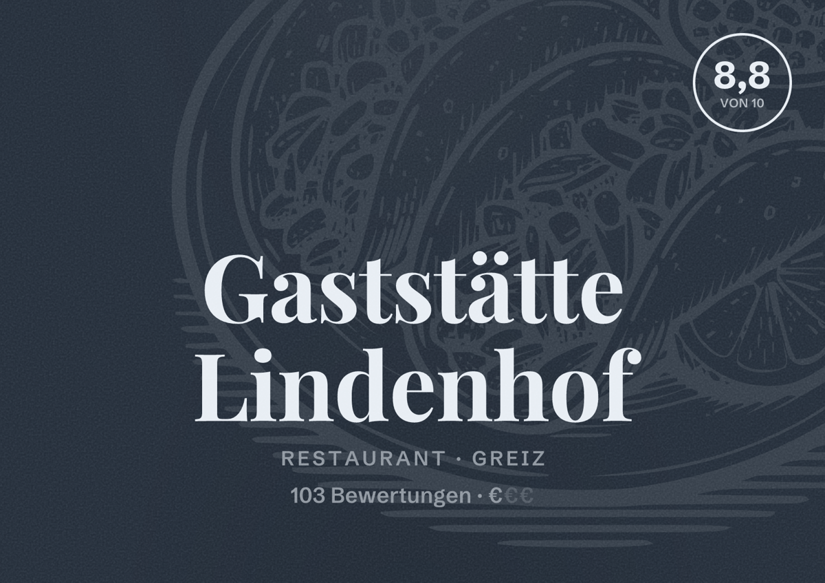Illustriertes Poster von Gaststätte Lindenhof, Restaurant in Greiz: Bewertung 8,8 von 10 aus 103 Bewertungen, Preisniveau €