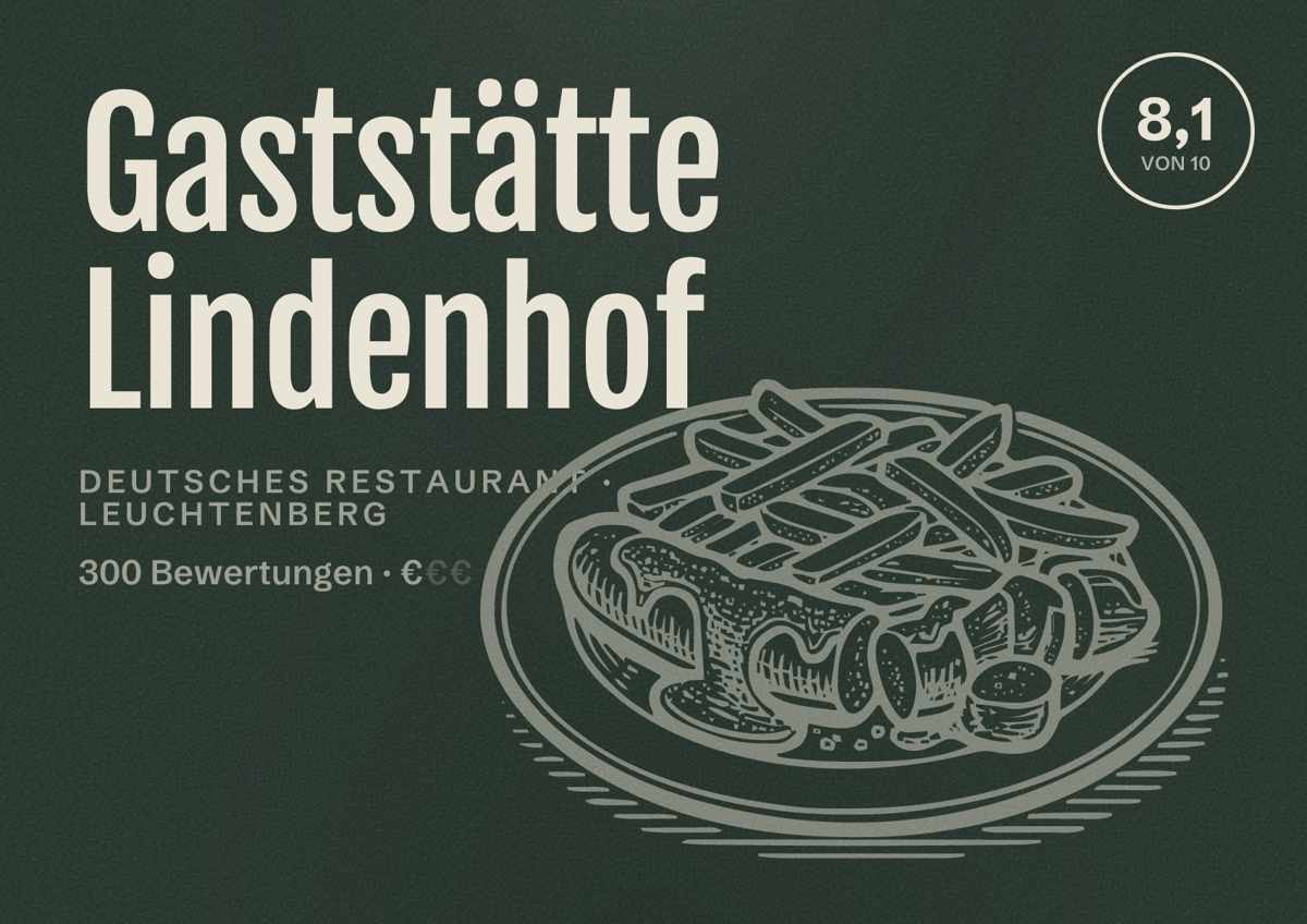 Illustriertes Poster von Gaststätte Lindenhof, Deutsches Restaurant in Leuchtenberg: Bewertung 8,1 von 10 aus 300 Bewertungen, Preisniveau €