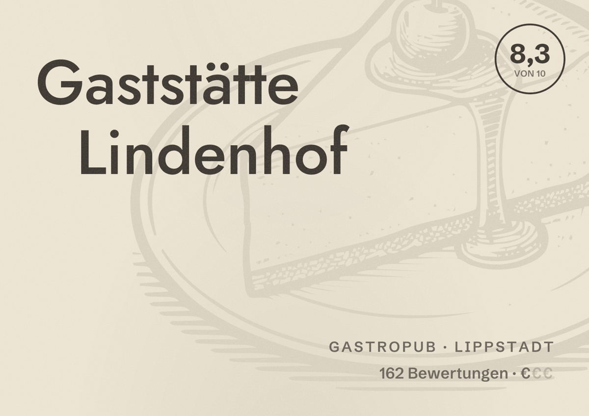 Illustriertes Poster von Gaststätte Lindenhof, Gastropub in Lippstadt: Bewertung 8,3 von 10 aus 162 Bewertungen, Preisniveau €