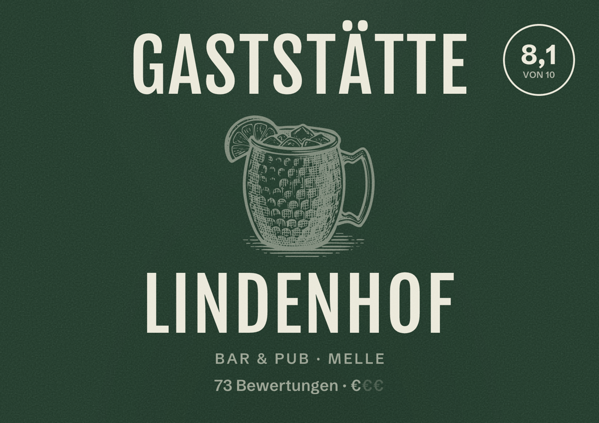 Illustriertes Poster von Gaststätte Lindenhof, Bar & Pub in Melle: Bewertung 8,1 von 10 aus 73 Bewertungen, Preisniveau €