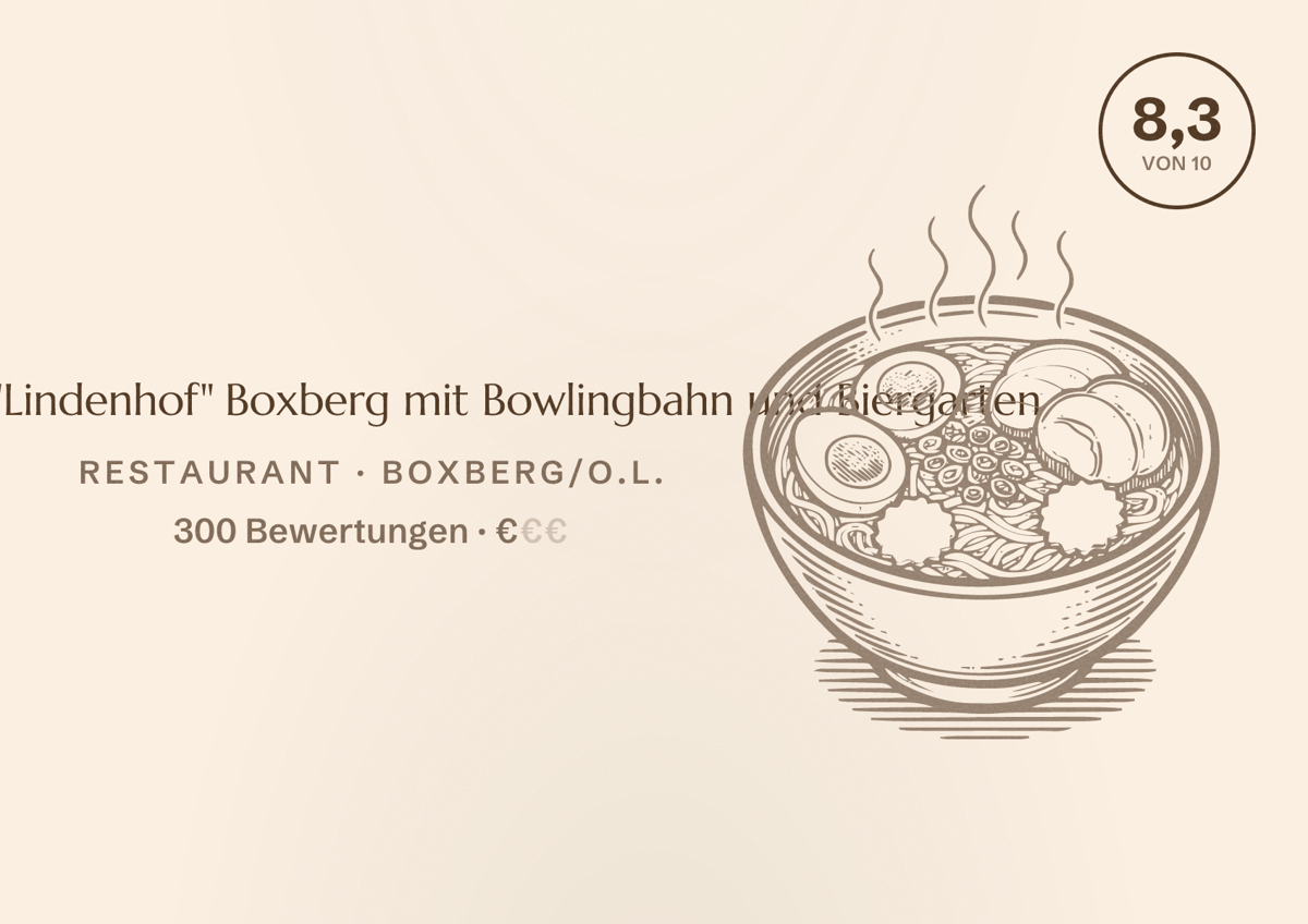Illustriertes Poster von Gaststätte "Lindenhof" Boxberg mit Bowlingbahn und Biergarten, Restaurant in Boxberg/O.L.: Bewertung 8,3 von 10 aus 300 Bewertungen, Preisniveau €