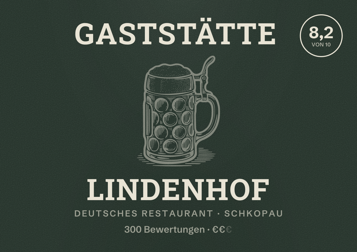 Illustriertes Poster von Gaststätte Lindenhof, Deutsches Restaurant in Schkopau: Bewertung 8,2 von 10 aus 300 Bewertungen, Preisniveau €€