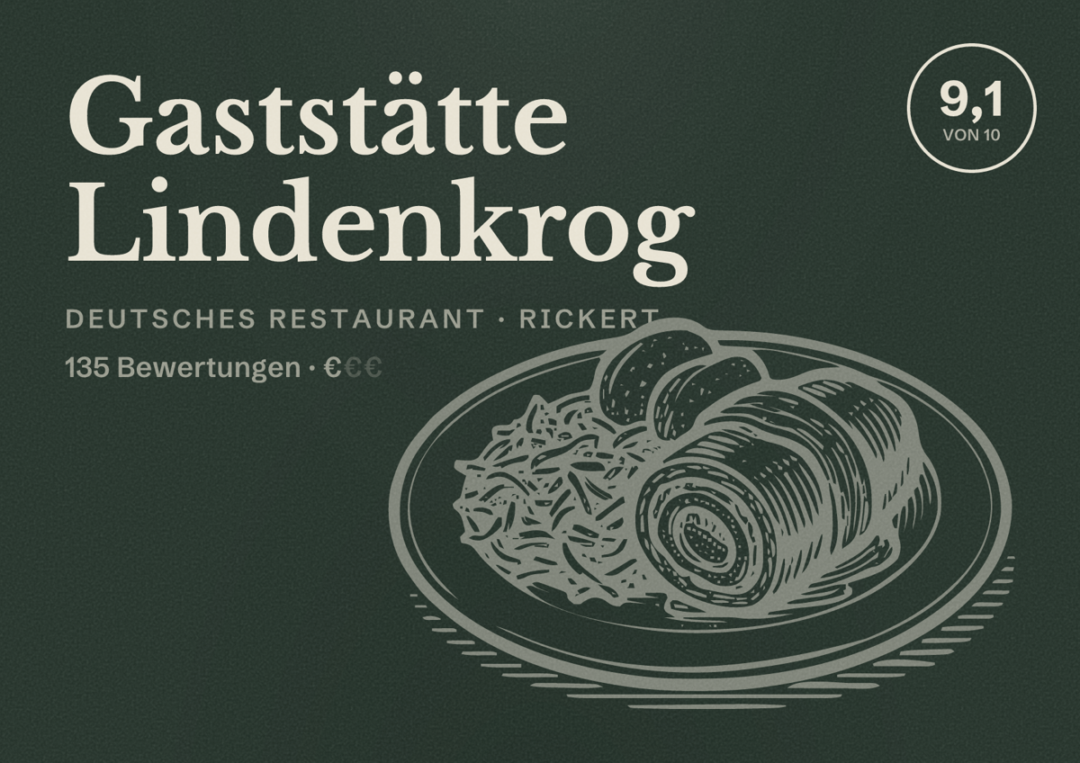 Illustriertes Poster von Gaststätte Lindenkrog, Deutsches Restaurant in Rickert: Bewertung 9,1 von 10 aus 135 Bewertungen, Preisniveau €