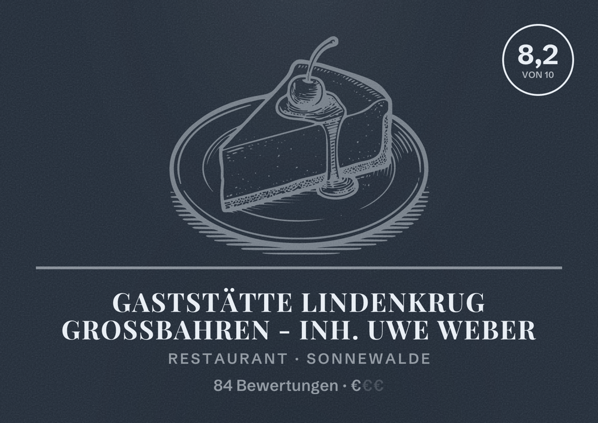 Illustriertes Poster von Gaststätte Lindenkrug Großbahren - Inh. Uwe Weber, Restaurant in Sonnewalde: Bewertung 8,2 von 10 aus 84 Bewertungen, Preisniveau €
