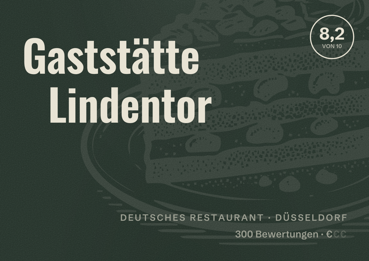 Illustriertes Poster von Gaststätte Lindentor, Deutsches Restaurant in Düsseldorf: Bewertung 8,2 von 10 aus 300 Bewertungen, Preisniveau €