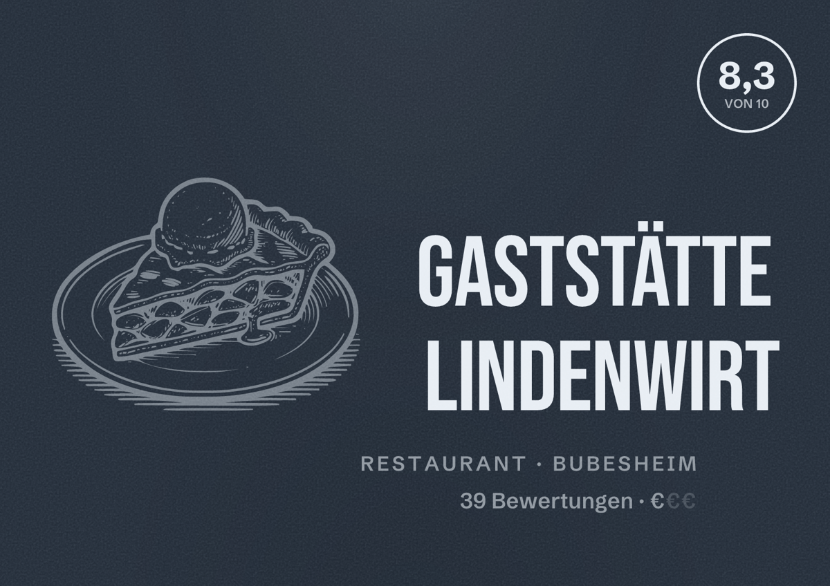 Illustriertes Poster von Gaststätte Lindenwirt, Restaurant in Bubesheim: Bewertung 8,3 von 10 aus 39 Bewertungen, Preisniveau €