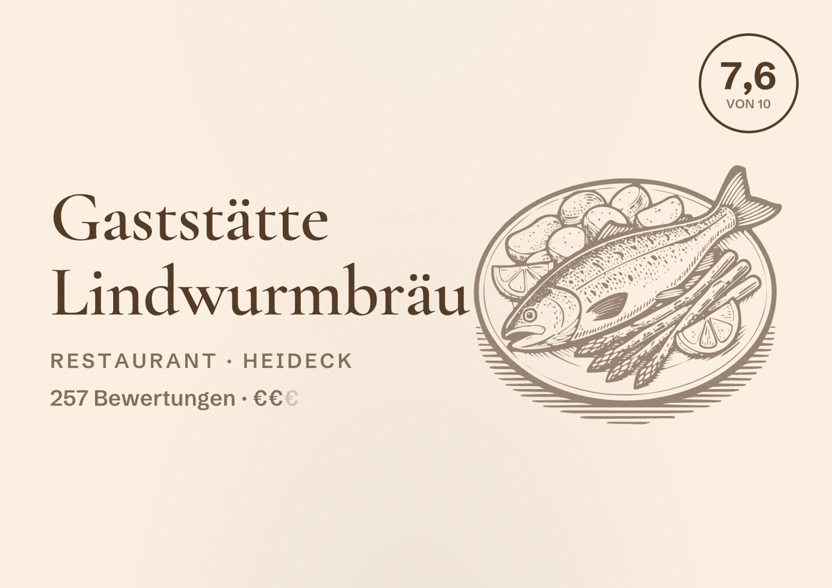 Illustriertes Poster von Gaststätte Lindwurmbräu, Restaurant in Heideck: Bewertung 7,6 von 10 aus 257 Bewertungen, Preisniveau €€