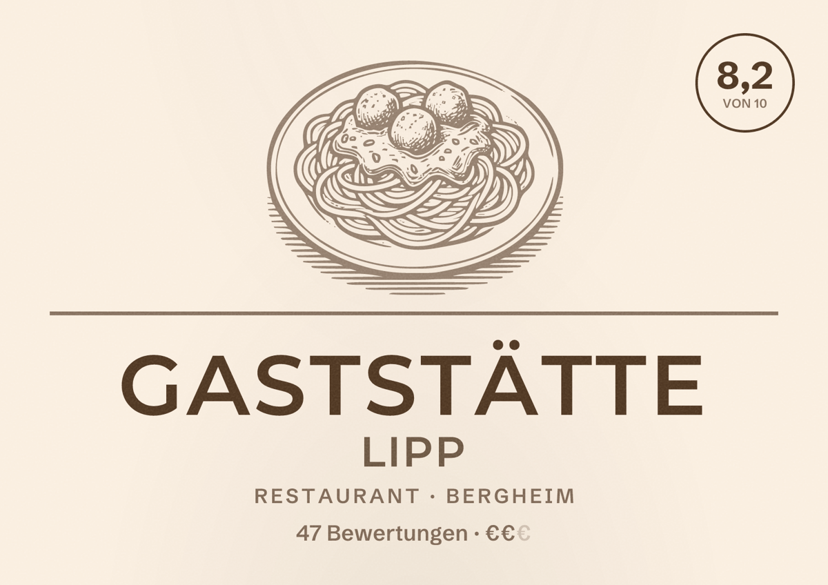 Illustriertes Poster von Gaststätte Lipp, Restaurant in Bergheim: Bewertung 8,2 von 10 aus 47 Bewertungen, Preisniveau €€