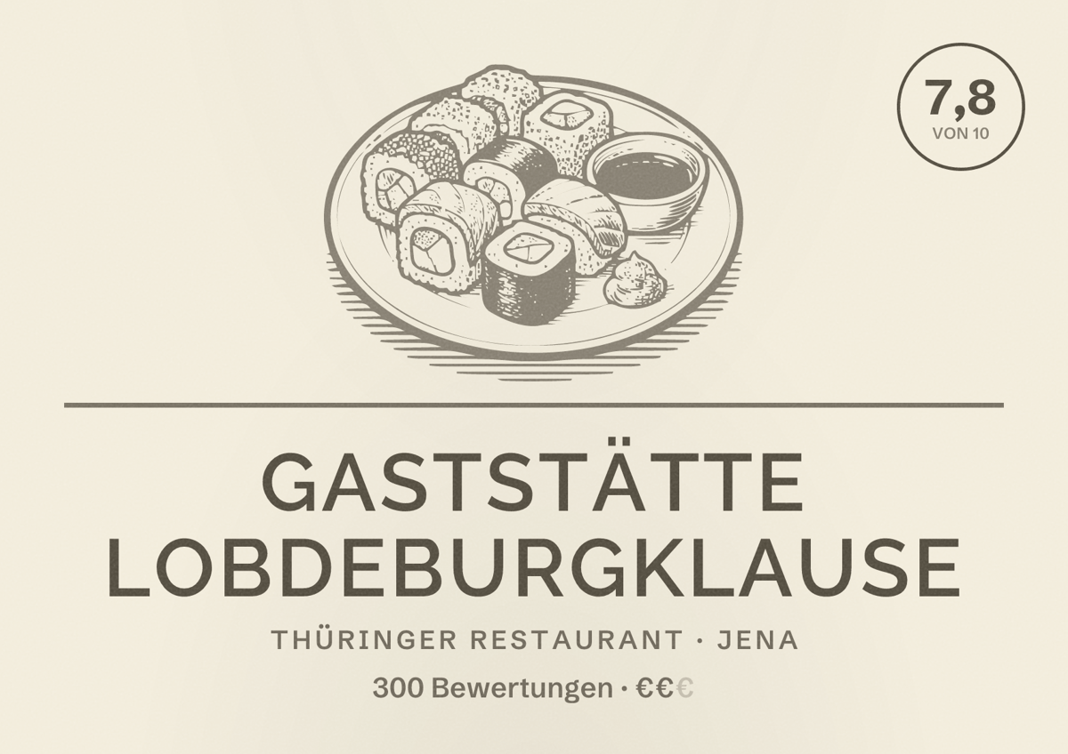 Illustriertes Poster von Gaststätte Lobdeburgklause, Thüringer Restaurant in Jena: Bewertung 7,8 von 10 aus 300 Bewertungen, Preisniveau €€