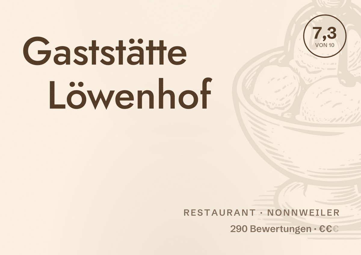 Illustriertes Poster von Gaststätte Löwenhof, Restaurant in Nonnweiler: Bewertung 7,3 von 10 aus 290 Bewertungen, Preisniveau €€