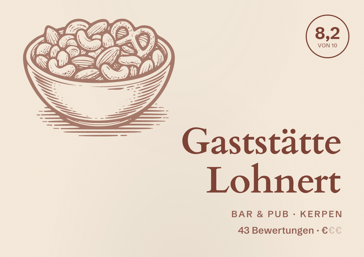 Illustriertes Poster von Gaststätte Lohnert, Bar & Pub in Kerpen: Bewertung 8,2 von 10 aus 43 Bewertungen, Preisniveau €