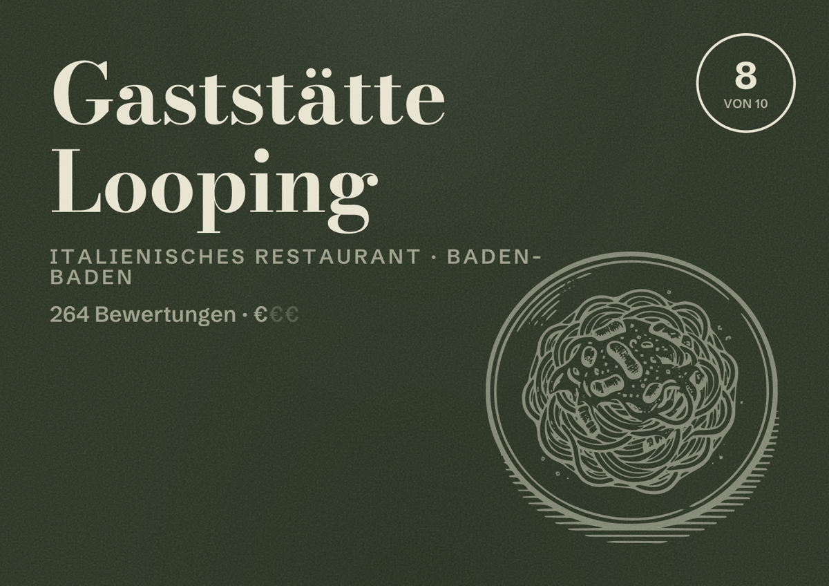 Illustriertes Poster von Gaststätte Looping, Italienisches Restaurant in Baden-Baden: Bewertung 8 von 10 aus 264 Bewertungen, Preisniveau €