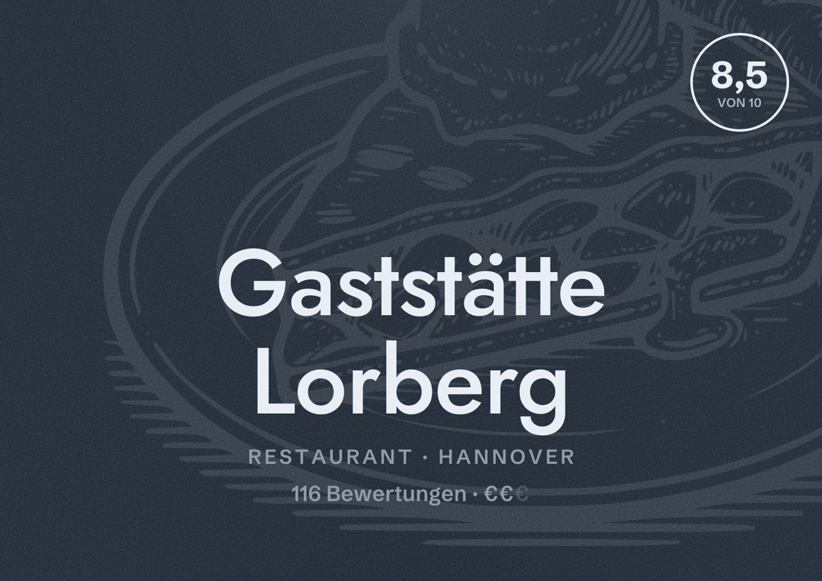 Illustriertes Poster von Gaststätte Lorberg, Restaurant in Hannover: Bewertung 8,5 von 10 aus 116 Bewertungen, Preisniveau €€