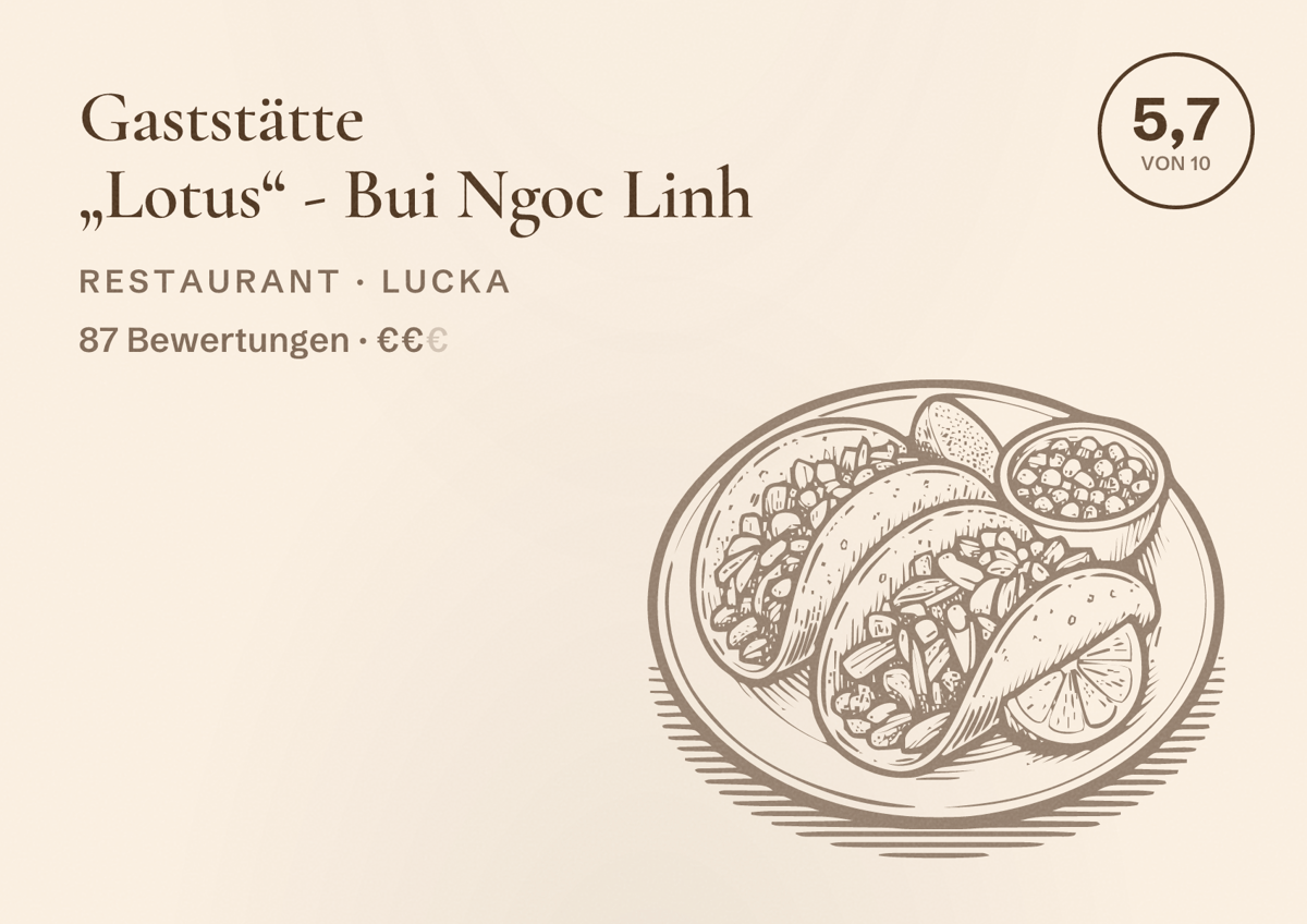 Illustriertes Poster von Gaststätte „Lotus“ - Bui Ngoc Linh, Restaurant in Lucka: Bewertung 5,7 von 10 aus 87 Bewertungen, Preisniveau €€
