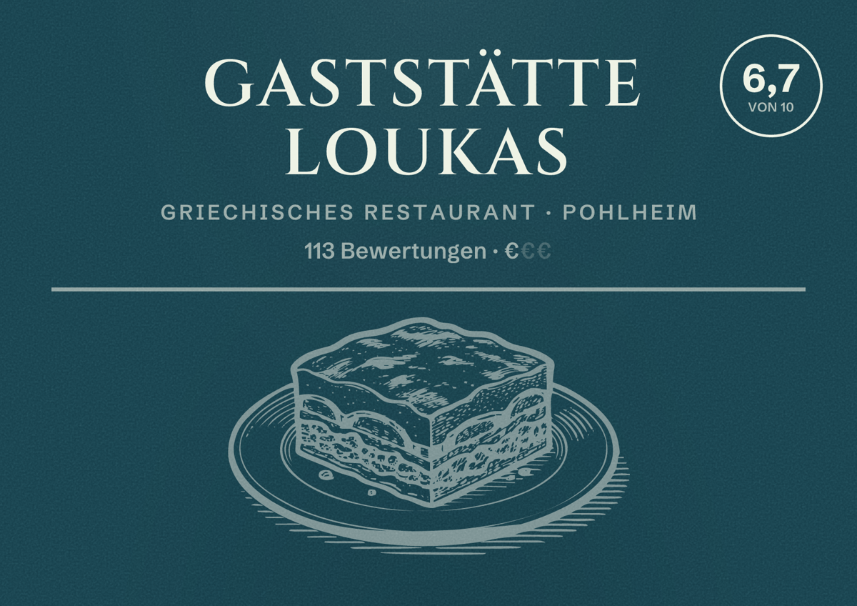 Illustriertes Poster von Gaststätte Loukas, Griechisches Restaurant in Pohlheim: Bewertung 6,7 von 10 aus 113 Bewertungen, Preisniveau €