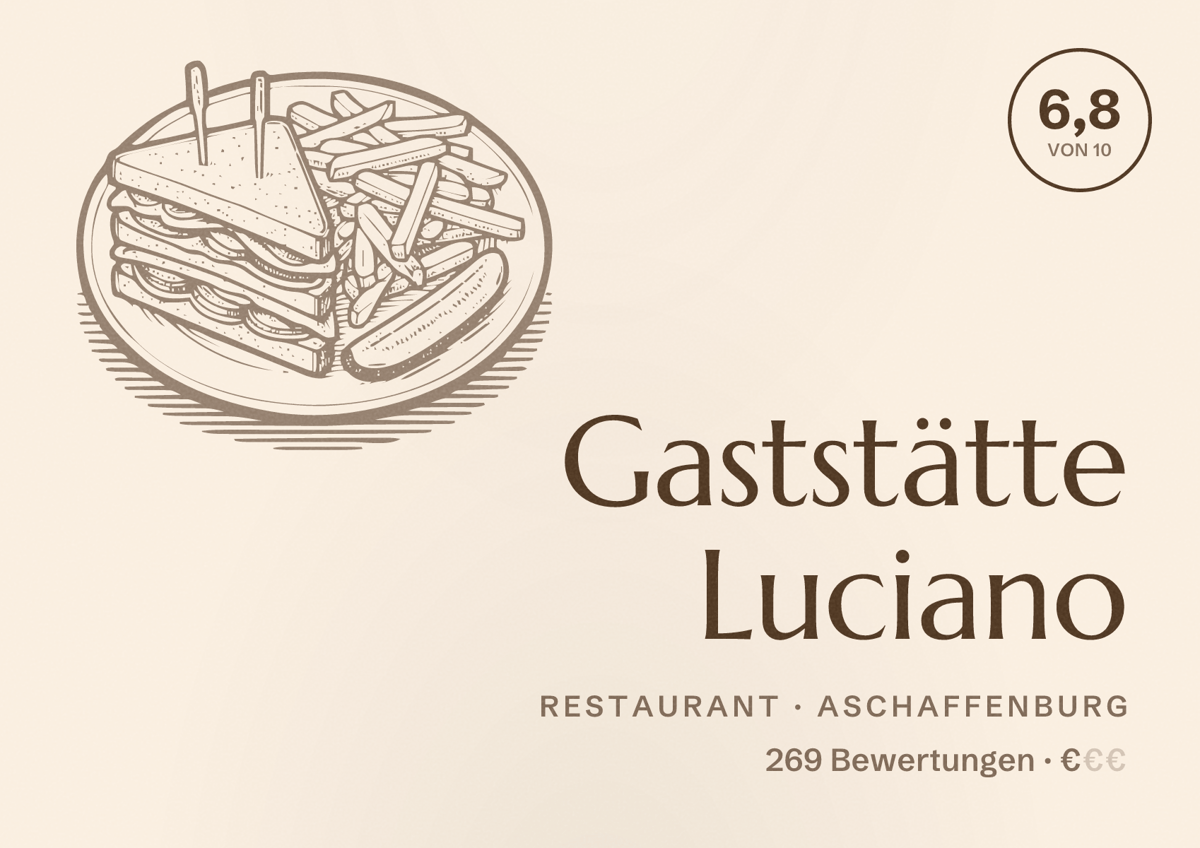 Illustriertes Poster von Gaststätte Luciano, Restaurant in Aschaffenburg: Bewertung 6,8 von 10 aus 269 Bewertungen, Preisniveau €
