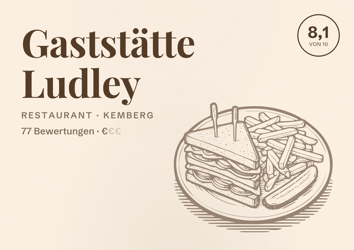 Illustriertes Poster von Gaststätte Ludley, Restaurant in Kemberg: Bewertung 8,1 von 10 aus 77 Bewertungen, Preisniveau €