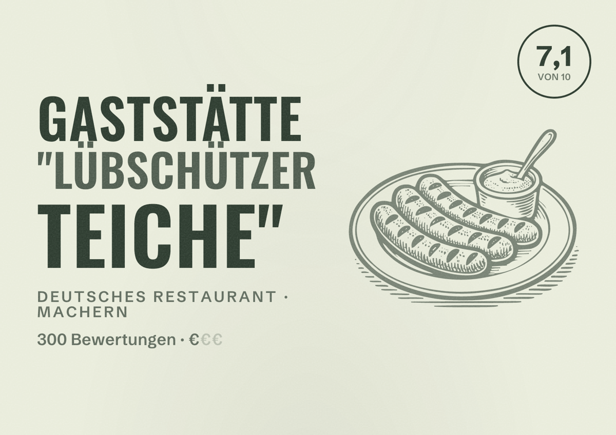 Illustriertes Poster von Gaststätte "Lübschützer Teiche", Deutsches Restaurant in Machern: Bewertung 7,1 von 10 aus 300 Bewertungen, Preisniveau €