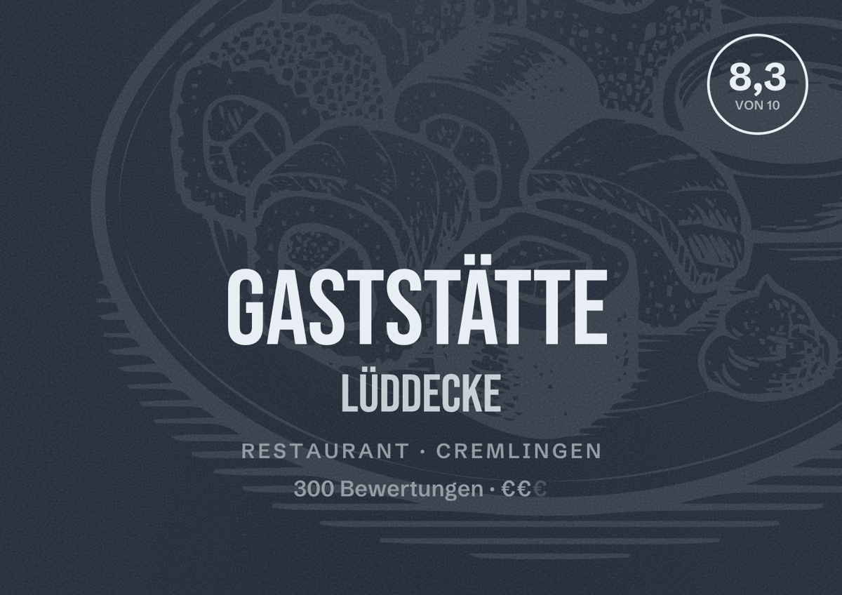 Illustriertes Poster von Gaststätte Lüddecke, Restaurant in Cremlingen: Bewertung 8,3 von 10 aus 300 Bewertungen, Preisniveau €€