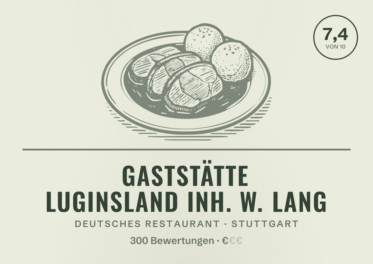 Illustriertes Poster von Gaststätte Luginsland Inh. W. Lang, Deutsches Restaurant in Stuttgart: Bewertung 7,4 von 10 aus 300 Bewertungen, Preisniveau €