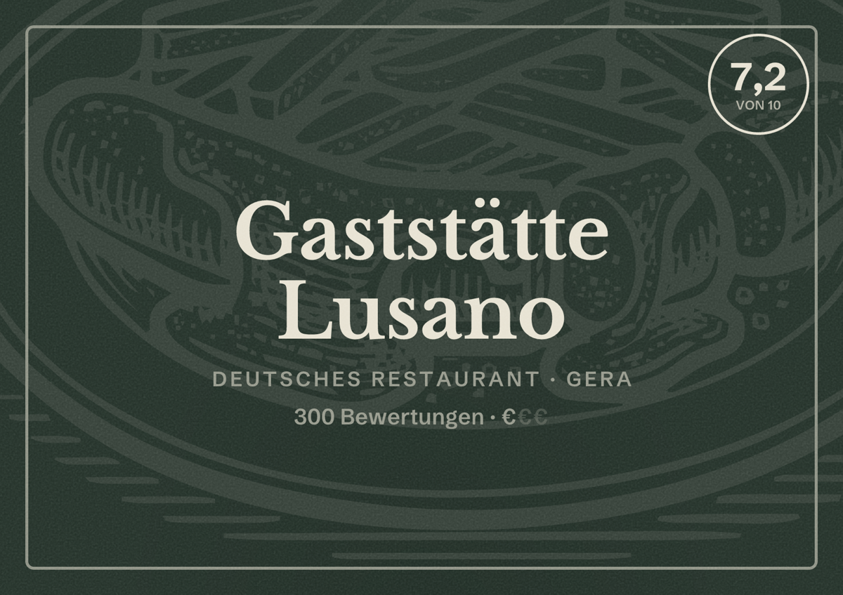 Illustriertes Poster von Gaststätte Lusano, Deutsches Restaurant in Gera: Bewertung 7,2 von 10 aus 300 Bewertungen, Preisniveau €