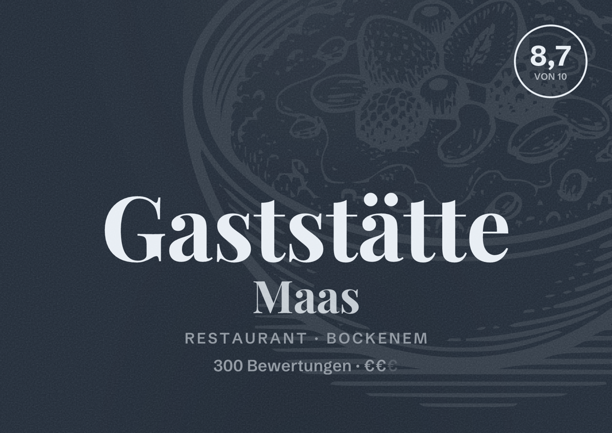 Illustriertes Poster von Gaststätte Maas, Restaurant in Bockenem: Bewertung 8,7 von 10 aus 300 Bewertungen, Preisniveau €€