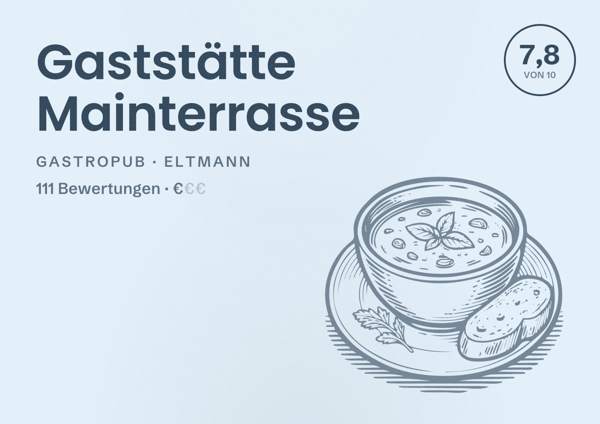 Illustriertes Poster von Gaststätte Mainterrasse, Gastropub in Eltmann: Bewertung 7,8 von 10 aus 111 Bewertungen, Preisniveau €