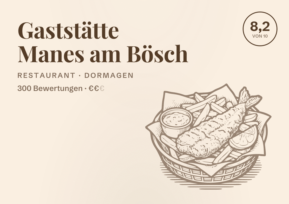 Illustriertes Poster von Gaststätte Manes am Bösch, Restaurant in Dormagen: Bewertung 8,2 von 10 aus 300 Bewertungen, Preisniveau €€