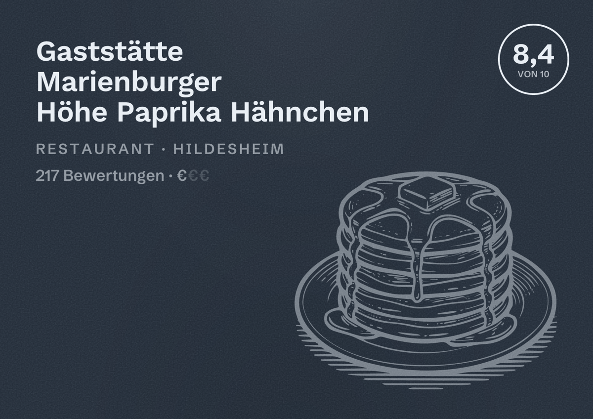 Illustriertes Poster von Gaststätte Marienburger Höhe Paprika Hähnchen, Restaurant in Hildesheim: Bewertung 8,4 von 10 aus 217 Bewertungen, Preisniveau €
