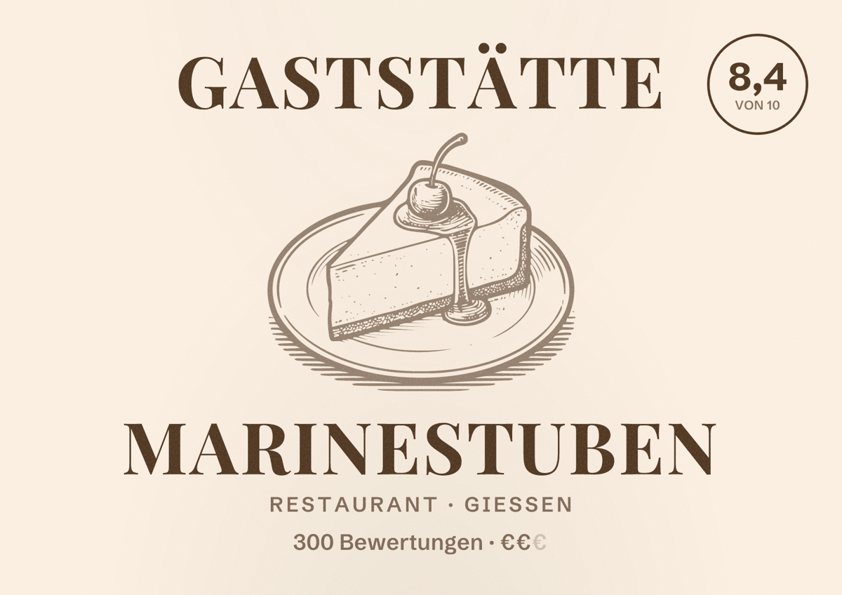 Illustriertes Poster von Gaststätte Marinestuben, Restaurant in Gießen: Bewertung 8,4 von 10 aus 300 Bewertungen, Preisniveau €€